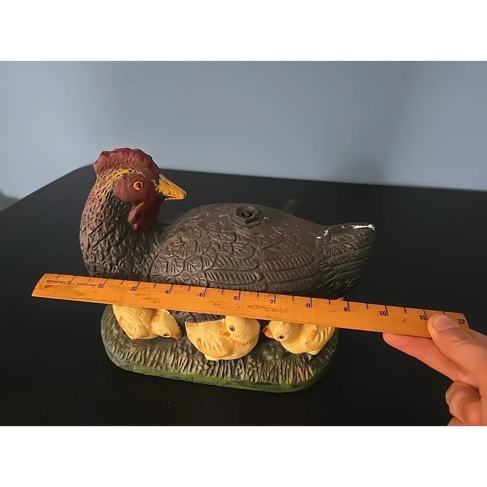 Vintage Cast Iron Painted Chicken Hen & Baby Chicks Metal Doorstop
